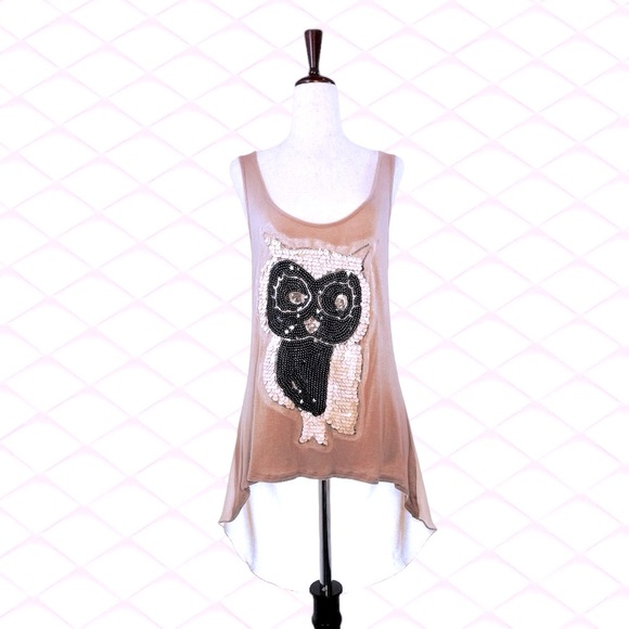Flowing Sequin Owl Nude Tank Top with Cut-out Sheer Back, Size M - Picture 1 of 11
